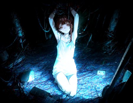 masterpiece, best quality, amazing quality, very aesthetic, absurdres,  newest, soft lighting, dark light,
1girl, iwakura lain,  solo,  thigh_gap , dark_background, cable, looking_at_viewer ,pile , spaghetti_strap , utility_pole,wire,entangled, digital_rain, from above, white camisole ,head up, head tilt,
optical illusion,yoneyama mai,quasarcake:0.7, rolua, negative space, cinematic shot, very awa, science fiction,matrix, code, digital,computer, glitch, covered  in wire, squatting, armpit, thick thigh, green background,
<lora:cfg_scale_boost:0.7>, <lora:illustrious_noobai_epsilon_pred_11_very_aesthetic_v1:0.6>, <lora:illustrious_noobai_epsilon_pred_1_masterpieces_v1:0.6>, <lora:illustrious_noobai_epsilon_pred_1_best_quality_v1:0.6>, <lora:Lain_PonyXLv3:0.7>, <lora:Code__Digital_World_Morph_v2_PONY_XL_by_UOC:0.7>, <lora:USNR STYLE_XL_loha:0.7>