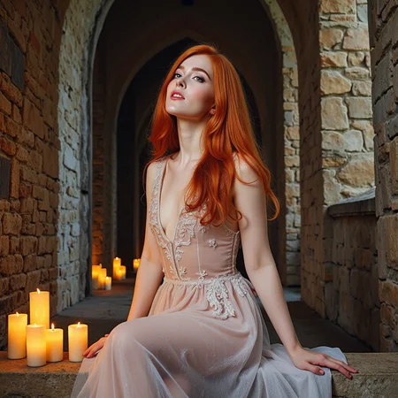 hyperrealistic art watercolor painting expressionist Inside an ancient castle, bathed in the glow of flickering candlelight, the redheaded goddess sitting on the cold stone altar, she's wearing a full victorian dress. Her fiery locks spill over the sacred ground as she gazes upward, looking at the viewer,  her lips parted in an expression of pure, sinful ecstasy. Itâs an image of contrastâholiness and eroticism intertwined, a vision of defiance in a place of restraint  <lora:jialissa64:0.9> jialis . raw, emotional, dynamic, distortion for emotional effect, vibrant, use of unusual colors, detailed . vibrant, beautiful, painterly, detailed, textural, artistic . extremely high-resolution details, photographic, realism pushed to extreme, fine texture, incredibly lifelike