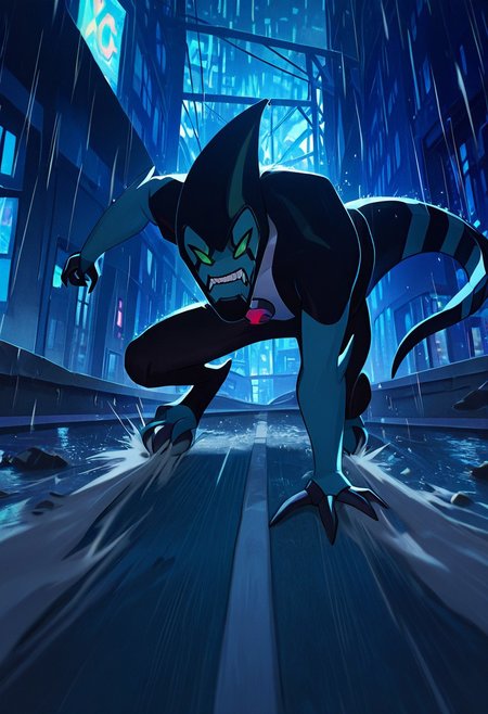 masterpiece, best quality, amazing quality, very aesthetic, absurdres, newest,, detailed background, 
 movie scene, cinematic scene, cinematic, foreground blur, depth of field, 
xlr8, blue skin, green eyes, 1boy, stripped tail, reptile tail, green sclera, pokemon (creature), alien, black chin, smile, sharp teeth, grin, raining, night city, 
akira_slide, on ground, crouching, slide, road, city, , speed lines, dirty city,