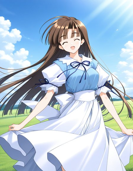 general,highres, ultra-detailed,very aesthetic,best quality ,best hands,  BREAK <lora:Mikage_Subaru_IS:1> Mikage_Subaru, 1girl,solo, brown hair, closed eyes, very long hair, bangs, medium breasts,
dress,  smile,  short sleeves, puffy sleeves, looking at viewer, bow, blue dress,  standing,  ribbon, white  skirt, open mouth, happy, up arms, white bow,
cowboy_Shot,
blue sky, day, grass,