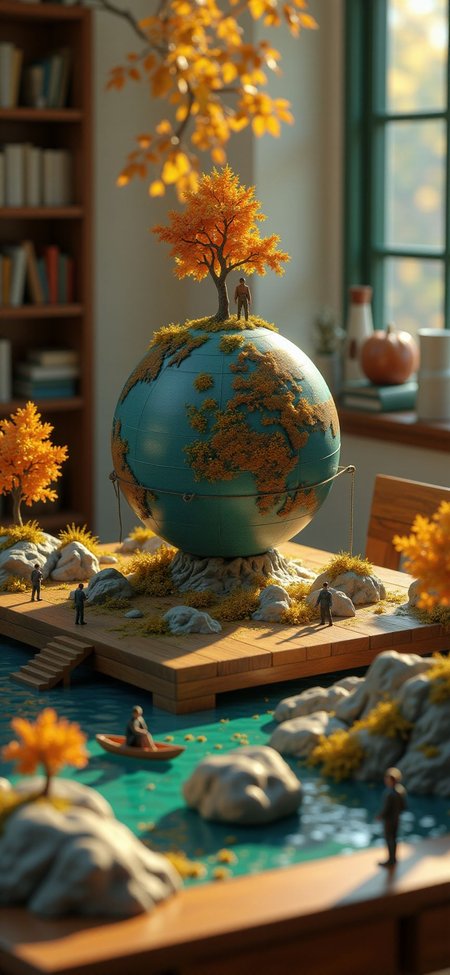 (indoors,indoor,isometric view,side view,tilt-shift lens:2), (fna_style,miniature,miniature,diorama,miniature,diorama,PVC,plastic:2),sunset,autumn giant (multi layers of shore camp site sphere vertical:2.5)  is located center, people are climbing with ropes, (in wooden square plate:3) (on table at study:3) <lora:Fantasy_Novel_Art_Style:1> <lora:Rostpunk:0.3>