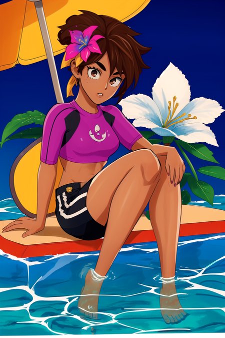 taliyah, pool party taliyah, taliyah pool party, 1girl, solo, looking at viewer, brown hair, hair ornament, navel, brown eyes, sitting, braid, flower, parted lips, shorts, barefoot, midriff, hair flower, dark skin, water, dark-skinned female, crop top, blue flower, soaking feet, surfboard,
thick eyebrows, freckles, <lora:taliyahLeagueOf_v20:0.5> <lora:ultraplusStyleBy_v10:1>