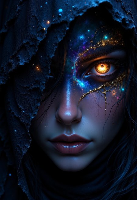A galaxy in the eyes, a veil of stars and galactic fog. A close-up of the Sorceress' enigmatic eyes, swirling with intricate celestial patterns of galaxies, stars, and nebulas, their glowing light casting delicate highlights on her brows and lashes. The chiaroscuro style heightens the drama, with intense shadows framing her face and a soft celestial glow illuminating her features. The color palette of rich blues, purples, and shimmering golds contrasts beautifully with the deep shadows, creating a visually arresting image of infinite mystery and allure.