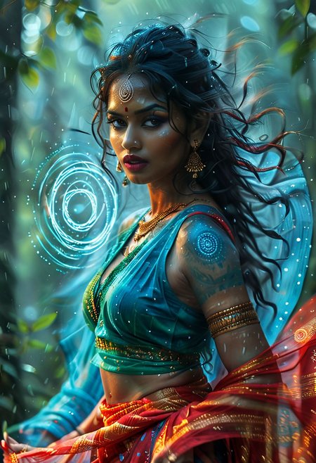 cinematic photo of Indian women, 1girl, professional, 4k, highly detailed, saree, wet hair, long hair, red lips, mature, cleavage, Heavy rain, cold look in eyes, glowing eyes, Highly detailed eyes, ((Spell rings, runic circles, mystical power,  blue glowing particles, ais-darkpartz)), BadDream, OverallDetail, Bokeh blur, colorful, cp2077, masterpiece, photorealistic, tribal top, tribal sarong, tribal bodypaint,, meadow background, wind magic, green magic, wind,front view.