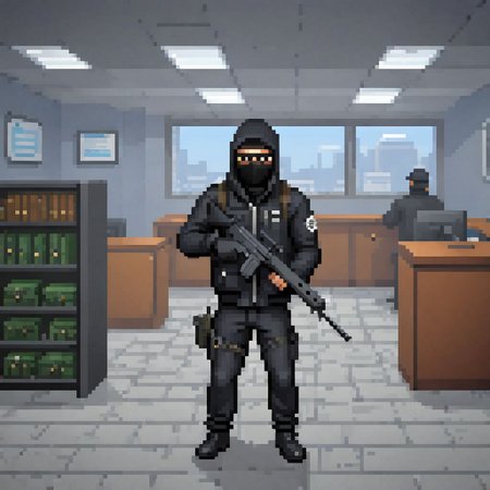 a bank robber holding a rifle, in the middle of a federal bank during a heist, black suit, balaclava, duffel bag, fnfalrfl, pixel art