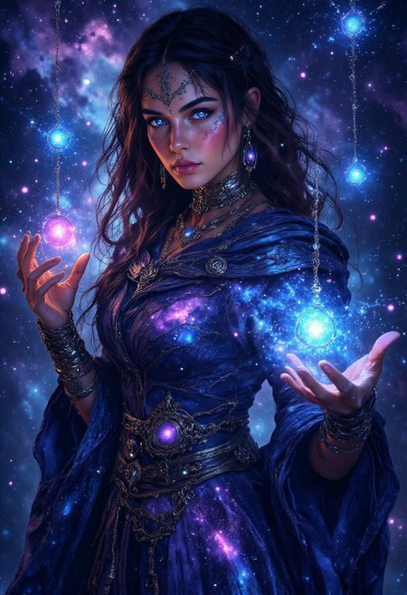 Nebula Enchantress
"A mesmerizing woman with iridescent, shimmering skin appears to be made of swirling nebulae, her hair a cascade of glowing constellations. Her translucent gown flows like liquid light, shifting through cosmic hues of magenta, deep blue, and violet. She raises her hands, and entire galaxies spiral from her fingertips, illuminating the void with celestial magic."