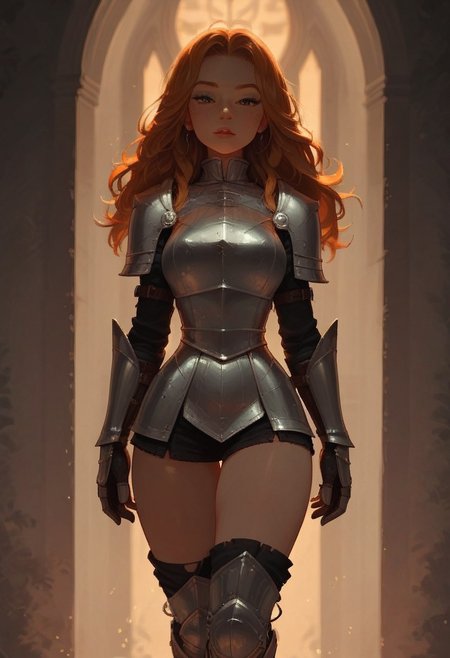 score_9, score_8_up, score_7_up, score_6_up, 1girl, solo,wearing shiny knight armor,knight armor, cute freckled face, cute round face, thin waist, short, lidded eyes, full body shot,steamy, golden hour lighting, some skin visible,warm lighting, good lighting, looking at viewer