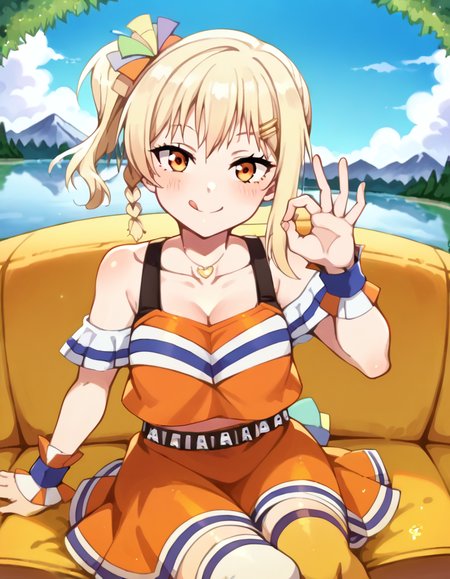 score_9, score_8_up, score_7_up, source_anime, <lora:ai-miyashita-saikou-heart-mv-ponyxl-lora-nochekaiser_r1:1>, ai miyashita, bangs, blonde hair, hair ornament, orange eyes, braid, sidelocks, medium hair, side ponytail, orange eyes, french braid,, skirt, thighhighs, jewelry, collarbone, necklace, off shoulder, tank top, wristband, cheerleader, pom pom (cheerleading), orange skirt, gyaru, heart necklace, lake, water, reflection, mountains, calm, , <lora:money-gesture-ponyxl-lora-nochekaiser:1>, money gesture, blush, sitting, couch, arm support, smile, tongue out, knee up, from above, looking at viewer, solo,, dutch angle, cowboy shot