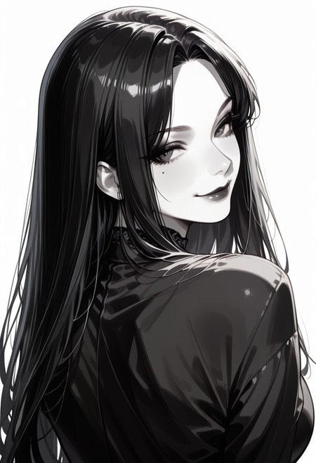 score_9, score_8_up, score_7_up, masterpiece, best quality, 32k, high resolution, absurdres, Morgana, MorganaRH , 1girl, very long black hair, parted hair, straight hair, black eyes, one mole under the mouth, large breasts, large hips, short tube dress,  sexy pose, seductive, white background, goth,  face closeup, smiling, closed mouth, Dutch angle,  monochrome,b/w, portrait, back view, from behind shot