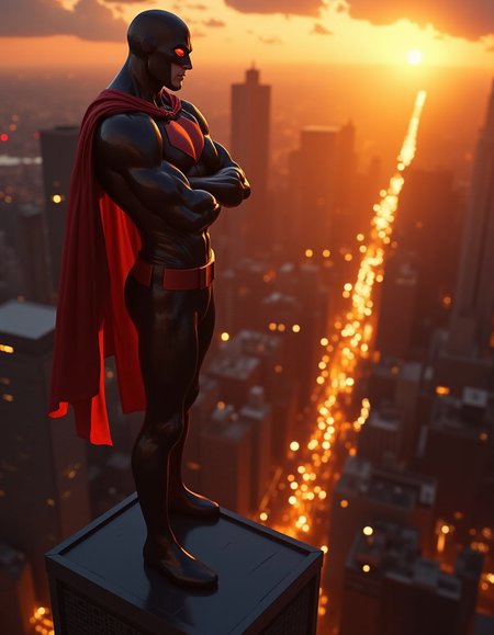 The superhero stands atop a skyscraper, illuminated by the warm glow of the setting sun casting long shadows across the city below.
* Camera angle: Low and slightly skewed to emphasize the subject's isolation
* Lighting: Warm golden light with subtle cool undertones from the reflected sky
* Composition style: Leading lines created by the skyscraper's architecture and Apex's cape, with the rule of thirds breaking at the horizon line
* Pose: Apex stands upright, slightly turned to face the viewer, with their arms crossed and their eyes gazing out into the distance
* Surroundings: A bustling cityscape stretches out below, with towering buildings and neon lights reflecting off the wet pavement
* Background: Soft focus on the blurred skyscrapers and city streets, with subtle hints of movement in the crowds
