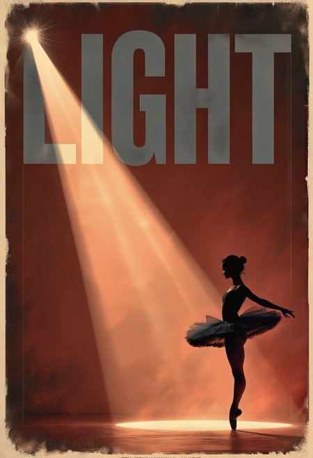The word “LIGHT” appears in large, bold, dark grey letters, positioned at the top of the frame, illuminated by a dramatic spotlight that forms at the top left. The spotlight originates precisely from the letter “L”, giving the sensation of being tied to the letter L. The spotlight tied to the letter “L” projects an intense beam downwards, diagonally. Within this beam, a complex silhouette of a dancing ballerina stands to the right of the frame, performing a dynamic pirouette in a dynamic, slightly agitated pose. The background is a muted reddish brown with subtle texture variations, evoking a vintage or retro aesthetic. Below the figure, the beautiful design emphasizes the title and the spotlight effect, creating a dramatic, somber atmosphere with bold typographic elements. The overall style resembles a vintage poster, with a strong, intense mood, simplified symbolic imagery, and a warm, burnt color palette. The focus remains on the title and the spotlight, generating an air of tension and mystery.


aidmaMJ6.1
gl1tchc0re