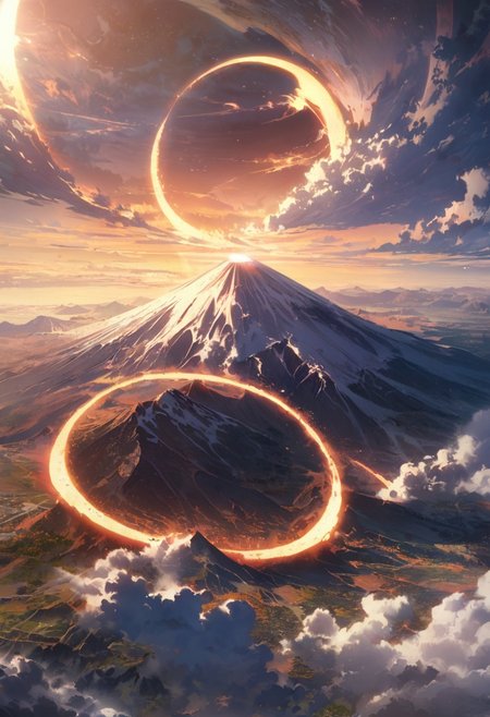 A haven for Earth, detailed landscape, captivating, fantastic, great lighting, Nature, grasslands, mountain, Annular Solar Eclipse, Caldera eruption,( from above),  double exposure, beautiful view, mysterious glow, beautiful clouds, depth of field, masterpiece, best quality, 8k, ultra-detailed, very aesthetic, illustration, superb composition, finest details, , intricate details, absurdres, high contrast, RAW, concept art,