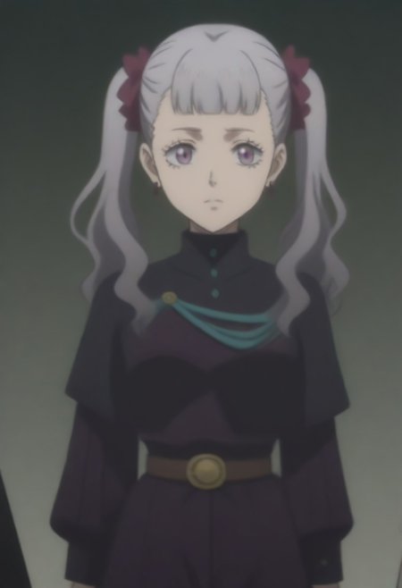 source_anime, anime screencap, source_anime, auratheguillotine, anime screencap, masterpiece, source_anime, shiny skin,,,,,,<lora:noellesilva-pdxl-nvwls-v1-000005:1> noelle silva, grey hair, purple eyes, twintails, hair ribbon, black capelet, green strap, white and purple dress, long sleeves, belt,
