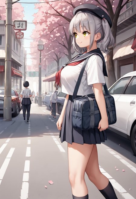 score_9, score_8_up, score_7_up, BREAK source_anime, multiple girls walking on the street, belorta, gray hair, twintails, shorthair, yellow eyes, big breast, 
school uniform, sailor fuku, beret, school bag, wearing school bag, smile, walking, school background, street, cherry blossom, looking away, from side view, cars, garbage truck,