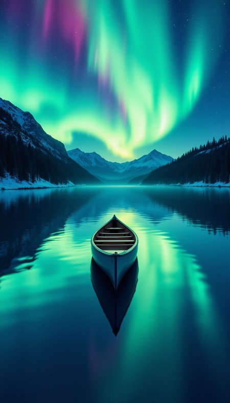 pinkfluxproultrafantasia, 
Generate a surreal photo of a crystal-clear lake reflecting a colorful aurora borealis,while a lone canoe sits in the middle, still and silent. (Taken on: Full-frame camera, high ISO setting)