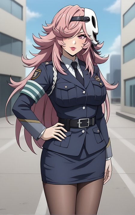 score_9, score_8_up, score_7_up, masterpiece, best quality, absurdres,  solo, BREAK
MainOutfit_YayoiKusakabe_ownwaifu,  
1girl, pink hair, pink eyes, spiked hair, black headband, long hair, mask on head, white mask, hair over one eye, lipstick,   makeup, lips, hairband, pink lips, large breasts, mask, bangs, hair ornament, one eye covered, white headwear, black hairband, flipped hair, big hair, 
blue jacket, blue necktie, breast pocket, police uniform, policewoman, collared shirt, black necktie, white shirt, belt, necktie, armband, pantyhose, pencil skirt, black belt, long sleeves, formal, suit, miniskirt, pocket, black pantyhose, skirt suit,
(contrapposto, hand on hip), sunset, sidelighting, outdoors, <lora:PONYXL_HighRiseInvasion_YayoiKusakabe_ownwaifu:1> , depth of field