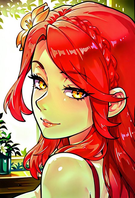 absurdres, 4k res, high quality, score_7_and_above, 1girl, solo, masterpiece, Lucrezia_UM, red hair, amber eyes, flower in hair, portrait, seductive smile, highly detailed, side view, looking at viewer,