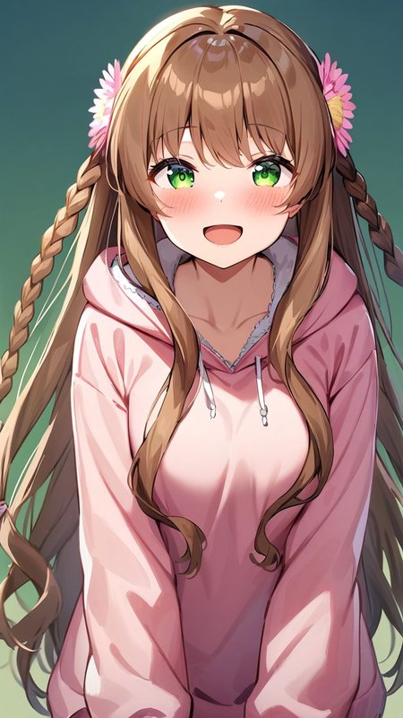 masterpiece,best quality,very aesthetic,absurdres, <lora:XL kanbe_kotori:1>,1girl,kanbe_kotori,solo,Standing on the ground,frontal,front view,Positive por,masterpiece,best quality,very aesthetic,absurdres, kanbe_kotori, 1girl, solo, flower, open mouth, blush, green background, simple background, looking at viewer, smile, :d, pink flower, upper body, pink hoodie