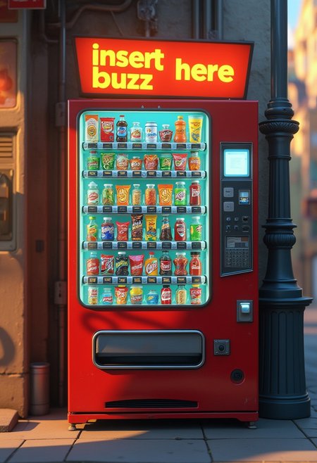 A high-resolution, pixar style image of a vending machine with many different options. Style of pixars cars, The vending machine has a retro screen that reads, "insert buzz here". detailed city street