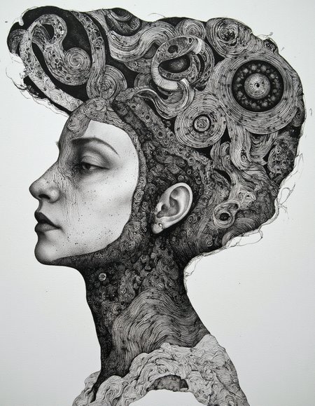 Art by Marina Richterova. A black and white, monochromatic portrait of a woman from a profile camera angle, featuring intricate, swirling patterns on her hair and face. the woman appears to be in her early twenties, with a neutral expression and parted lips. she is facing the viewer, with her eyes looking directly at the viewer. her hair is long and curly, with intricate swirls and patterns that create a sense of depth and dimension. her facial features are detailed and expressive, with thick eyebrows and a prominent nose. the background is plain and simple, allowing the focus to be on the woman's face and hair. the style is reminiscent of abstract art, with bold lines and intricate patterns that add to the overall sense of realism. overall, the image is a striking piece of art that is both visually striking and captivating.