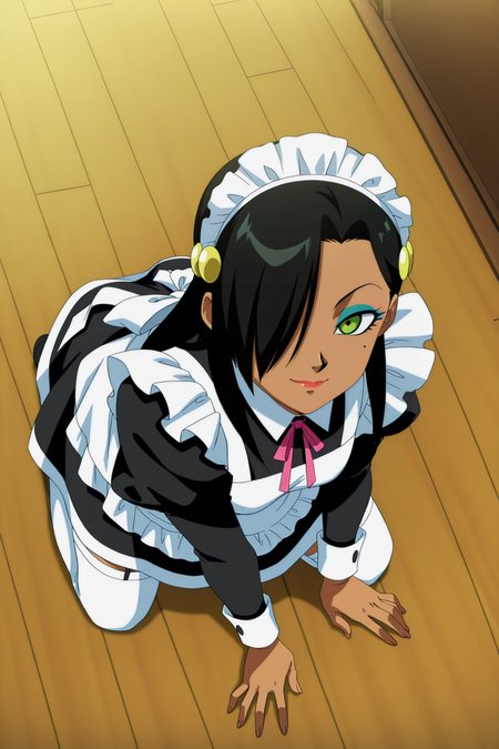 anime screencap, absurdres, high quality,  official style, 
official style, helles, dark-skinned female, long hair, black hair, hair ornament, green eyes, mole under eye, makeup, eyeshadow, from above, maid, thighhighs, looking up at viewer, kneeling, hair over one eye, smile, indoors, wooden floor,
 <lora:Helles_IL:0.8>