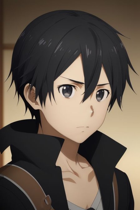 high resolution, solo, best quality, 1Boy, Kazuto Kirigaya, portraits, Black Hair, Black Eyes, portrait, looking at viewer, focused gaze forward, upper body, head upright, neutral expresion, OverallDetail
