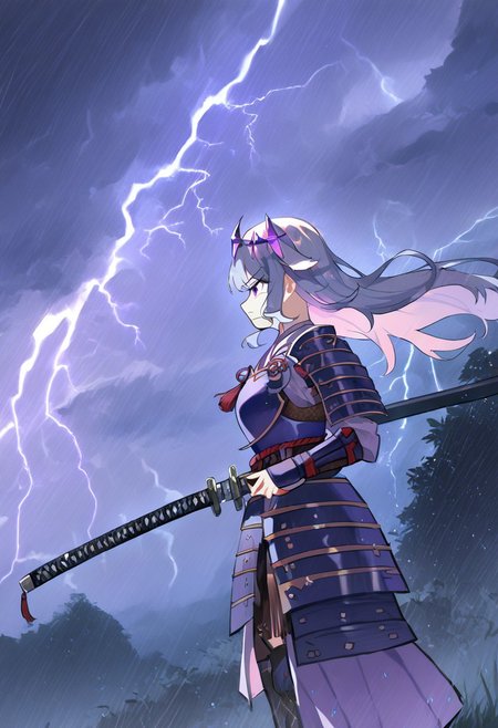 score_9, score_8_up, score_7_up, hadrian, source_anime, 1girl, thunderstorm, rain, lightning, <lora:ChamKosekiBijouPonyXL:0.8> KosekiBijou, long hair, hair flaps, floating headpiece,  <lora:samurai_armor_pony:1.1> samurai, purple clothes, holding katana, serious