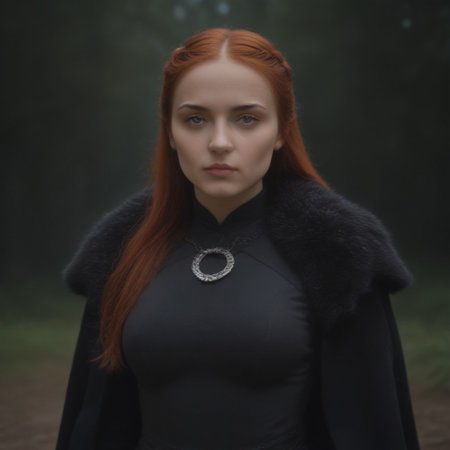masterpiece, best quality, SansaStark, 1girl, solo, long hair, red hair, (blue eyes), beauty, grey dress, fur trim, cape, upper body, <lora:SansaStark_illustrious_Leaf2:1>, forest, outdoors, round breasts, breasts together, medium breasts,