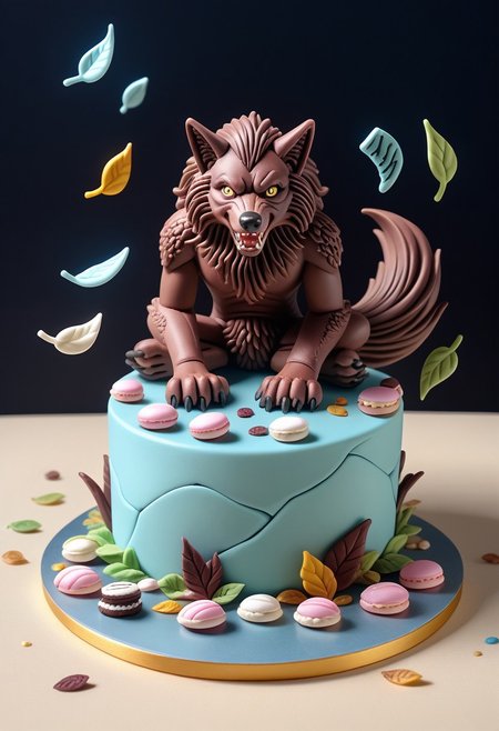 This lavish tiered cake mirrors the werewolf’s untamed elegance with velvet cake layers draped in flecked ganache, resembling wind-swept fur. dipped gold leaf accents mimic lightning cracks, while edible ink splatters create a "tattered book" effect. Claw-mark fondant cutouts gilded in edible gold frame each tier, and sugar-glass shards evoke a shattered monocle’s glint. The top tier features a miniature teacup spill of glossy glaze, surrounded by moonlight macarons and sugar-dusted leaves. A marzipan werewolf figurine grins mid-howl, perched beside a fondant book, child birthday party background, detailed background