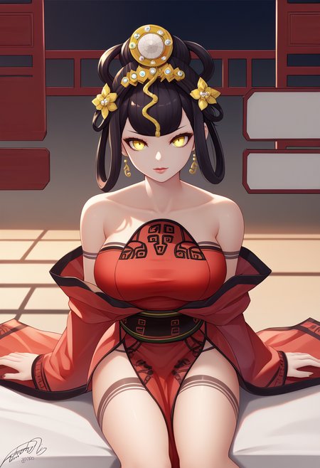 score_7_up BREAK 1girl, solo, <lora:jotti-artist-richy-v1_pdxl:1> <lora:zs_NuwaXL:1>nuwasmt, black hair, hair ornament, yellow eyes, red dress, bare shoulders, jewelry, chinese clothes, large  breasts, sitting,looking at viewer,