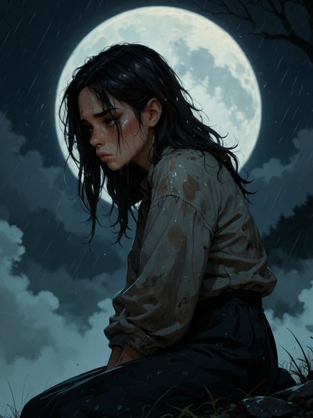 score_9, score_8_up, score_7_up,  BREAK, 3xpr3ss10n1st style, 1girl, black hair, closed mouth, lips, freckles, dirty, dirty face, from side, sad, kneeling on the ground, rain, raindrop on face, raindrop running down face, storm, night, fog, full moon, moonlight <lora:Abstract_Expressionist_Style:1>