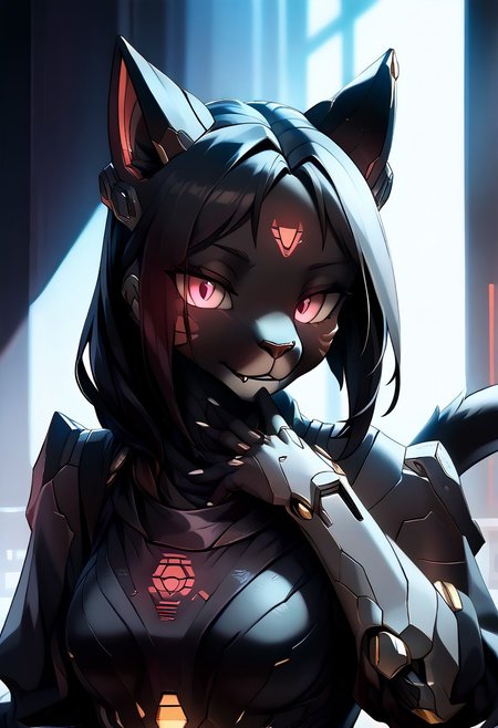 masterpiece, score_9, score_8_up, score_7_up, score_6_up, (by zinfyu), dark atmosphere, emotional depth, cinematic lighting, hyper-detailed, mcnm, source_furry, anthro, furry, 1girl, mechanical Khamira, mech black hair, feline, detailed face, detailed eyes, black fur, cyborg pink eyes, cyber cat tail, glowing animal ears, seductive smirk, hand on chin, dim dramatic lighting, dark and moody background, emotional and detailed composition, subtle glow in the eyes, hair slightly disheveled, detailed textures and fur