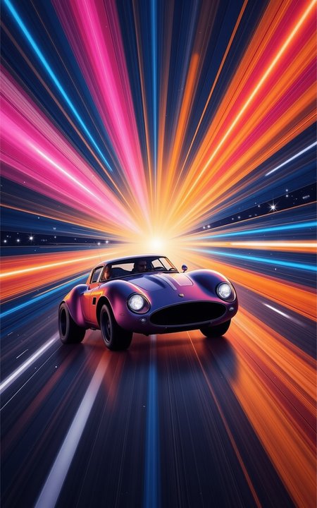 YFG-SRS, Vibrant digital painting, classic car speeding through colorful vortex, dynamic motion, bright orange, pink, blue hues, dramatic lighting, urban street, intense contrast, bold lines, surreal atmosphere, powerful energy, night scene, intricate details, with intricate textures and vibrant colors. The scene should include a rich variety of elements, each contributing to the overall atmosphere. Lighting should be soft, diffused, and natural, enhancing the depth and realism of the scene. The mood is to be calm yet vibrant, creating a sense of serenity and wonder. Every detail in the scene should be meticulously rendered, emphasizing the contrast between light and shadow, and capturing the fine textures and subtle gradients. The color palette should be carefully chosen to evoke emotion, with each hue enhancing the aesthetic appeal of the overall composition. The final image should be immersive and captivating, drawing the viewer into its intricately detailed world.