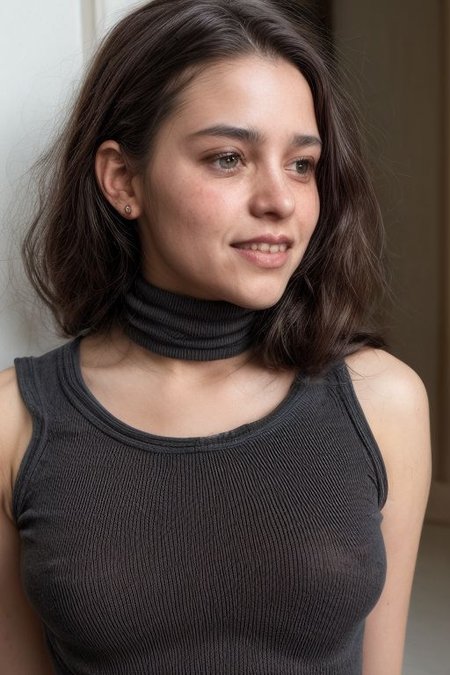 (cowboy shot, (side view:1.1)), Italian woman with long curly black hair, braless, (swooping breasts:1.1), big perky boobs, big nipples,hard nipples, big areola, <lora:swooping_breasts-SD-1.0:1.2>, masterpiece, best quality, absurdres, highres, 4k, ray tracing, intricate details, highly detailed,  <lora:real_skin:0.7> skin, Rome view from balcony, Rome, knowing smile, blushing, shy, loos spaghetti strap tank top, lacew tank top, perky medium boobs,