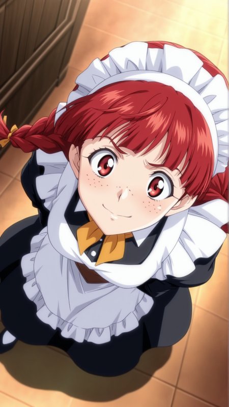 source_anime, general, best quality, masterpiece, 1girl,  <lora:Rosalie_Serue_ill_v1.0:1> rosalie_serue\(srw\), red eyes , red hair, freckles, twin braids, bandana, maid, maid headdress, maid apron, dutch angle, dynamic pose,