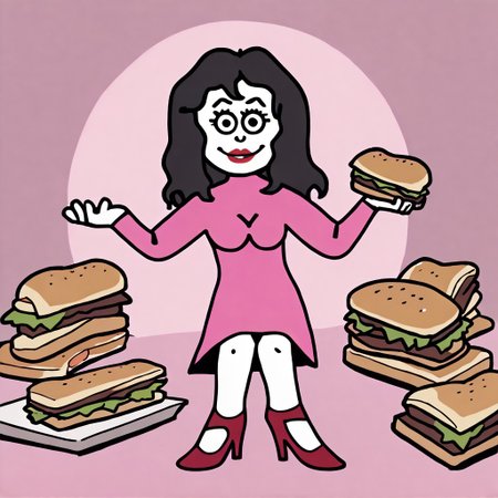 score_9, score_8_up, score_7_up BREAK ValeAyV, 1girl, wavy black hair, black eyes, pale skin, red lipstick, long-sleeved pink dress, high-heeled red shoes, surrounded by sandwiches, cartoon, source_cartoon, sandwiches everywhere, happy, smiling, joyful,