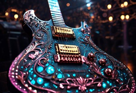 RAW photo of a very detailed reflective guitar with whimsical elements, completely dark studio, magical glowing podium, the rom is dark, only light of source is the guitar, cyan and pink neon, complimentary colors, reflective enviroment, spot lights, fantasy style, 90% black and 10% gold colors, big white diamonds on the guitar, strong depth of field, darkness, dramatic light, dusty black theme, intricate details, ultra sharp, exquisite detail, flawless composition, vivid colors, masterpiece, exciting background,  timeless elegant and Exquisite Copper Ornaments
