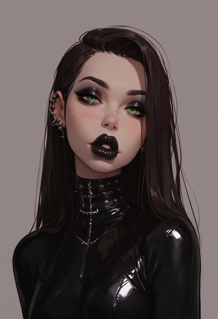 score_9, score_8_up, score_7_up, score_6_up, score_5_up, score_4_up, goth girl, gothic,  egirlmake up, choker, (beautiful face, cute face, 18 years old) Expressiveh, ASCII 1 girl, brown hair, green eyes, black latex outfit, medium breasts, upper body, photoshoot, 4k, big lips, choker, heavy make up, black lipstip, eyeliner, long hair, freckles