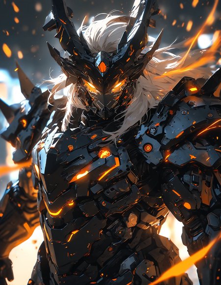 cinematic, full body, photo of a character in advanced black mechanical armor, The armor should be highly detailed with panels with lines and technological enhancements orange lights and indicators, head's down, wild messy white long hair on his face and his face is hidden behind his hair, The background is dark, realistic, depth of field, volumetric lighting,  anime style, key visual, vibrant, studio anime,  highly detailed, <lora:sdxl_lightning_8step_lora:1>, <lora:add-detail-xl:1>, <lora:MJ52:0.4>