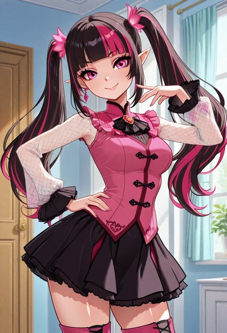 masterpiece, best quality, solo, curvy, beautiful eyes,  zzValentineCitron, pink eyes, black hair, long hair, multicolored hair, pink hair, pointy ears, shiny hair, streaked hair, two-tone hair, twintails,   black skirt, pink shirt, thighhighs,  ,     <lora:ValentineScarletCitronIXL_v2:1.0>, dynamic pose, cowboy shot, smile, looking at viewer, shiny skin,