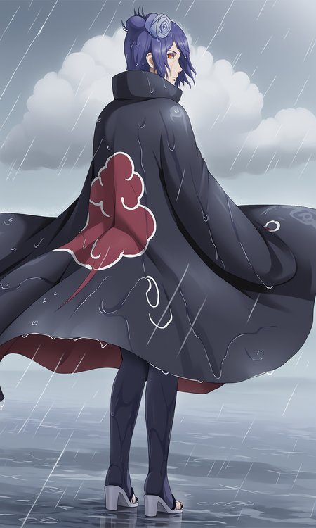 from behind,looking back, 
k0nan, 1girl, solo,orange eyes, purple eyeshadow, lip piercing,
single hair bun, short hair, hair flower,cloak, 
long sleeves, high collar, cloud print, black pantyhose, sandals, 
rain, wind, clouds, wet,
 <lora:Naruto_Konan_PXL-000012:1>