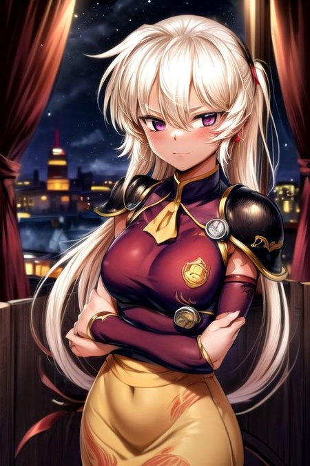 best quality 1girl Setsun4 solo long hair,  (night time) forest background black hair very long hair purple eyes multicolored hair armor, small, (fur trim) (medium body),<lora:EMS-179-EMS:0.800000>,<lora:EMS-293862-EMS:0.800000> bow, hair_bow, hair_tubes, red_bow, brown_hair, long_hair, bangs, ascot, frilled_bow, yellow_ascot, blush, smile, hair_between_eyes, athletic, armor, miko, ,(((intricate outfit,intricate clothes,embroidered outfit,ornate outfit,embroidered clothes,ornate clothes))), strengthmda, crossed arms,