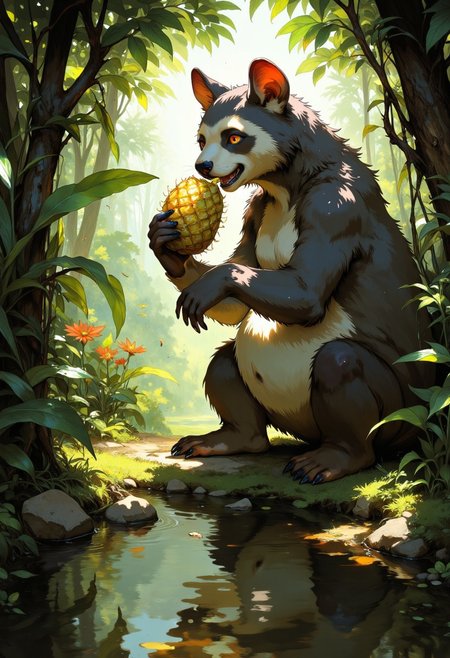 a secluded tropical grove, reflection, one beautiful shadowed sloth bear with long gray fur is eating a pineapple, baloo, bear paws, fluffy furry bear ears, feral, lush vegetation, botanical garden, foliage, glowing, soft pastel colors, best quality, double exposure, realistic, whimsical, fantastic, splash art, intricate detailed, hyperdetailed, maximalist style, photorealistic, concept art, sharp focus, harmony, serenity, tranquility, mysterious glow, soft colors, ambient occlusion, halation, cozy ambient lighting, dynamic lighting, masterpiece, award winning, DB4RZ, DB4RZ style painting, digital illustration, anime, illustrious_style