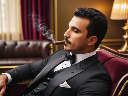 cinematic photo cinematic film still Handsome muscular latino man sitting on a black velvet chaise lounge chair wearing an elegant tuxedo.  <lora:LUIZ (XL):.65>  .Hair has gel , and is neatly combed. Elegant professional facial expression. Black matte walls. Black velvet chaise lounge chair has gold trim. Gold curtains are partially opened. Dark cherry wood bookshelf. Sepia colored globe on its own stand. Cherry wood wall trim. Thick black hair. Dark brown eyes. Olive skin. ((Subtle)) mustache, cleanly trimmed. Subtle soul patch and goatee, neatly trimmed.   <lora:Cinematic Cinematic Anamorphic film style v3:.4> Cinematic Anamorphic film style, Cinematic style  <lora:polyhedron_golden_hour_000006:.35> golden hour, sunset, sunrise . shallow depth of field, vignette, highly detailed, high budget, bokeh, cinemascope, moody, epic, gorgeous, film grain, grainy, detailed skin texture, (blush:0.5), (goosebumps:0.5), subsurface scattering . 35mm photograph, film, bokeh, professional, 4k, highly detailed, (smoking cigar:1.5), cigar smoke, smoke coming from cigar, (cigar smoke:1.5), man is smoking the cigar, (cigar in mouth). (smoke).