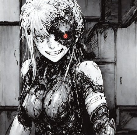 ((broken female body android)), ((gunshot damage on walls and body)), ((black slime)), ((explosion marks)), <lora:Blame!:1>, ((torn skin)),  <lora:bodhor:0.8>,  OrganicBiomArt,  happy512, dim light, heavy black and white,  cyborg girl portrait,,