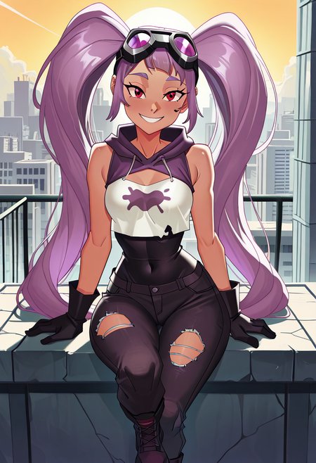 masterpiece, best quality, 1girl, solo, eyelashes, (beautiful eyes), looking at viewer, smile,  wide hips, narrow waist,   [Industrial Rooftop] zzEntrapta, 1girl, solo, red eyes, purple hair, very long twintails, goggles on head, sleeveless hoodie, ripped jeans, combat boots, rooftop setting, sunset cityscape â zzEntrapta sits cross-legged on a gritty rooftop ledge, her goggles gleaming under the dying sun. Her long twintails flutter in the warm breeze, ripped jeans scuffed from climbing. Red eyes narrow playfully as she swings a booted foot over the edge, gazing at the shimmering skyline. <lora:EntraptaShera_IXL:0.8>,