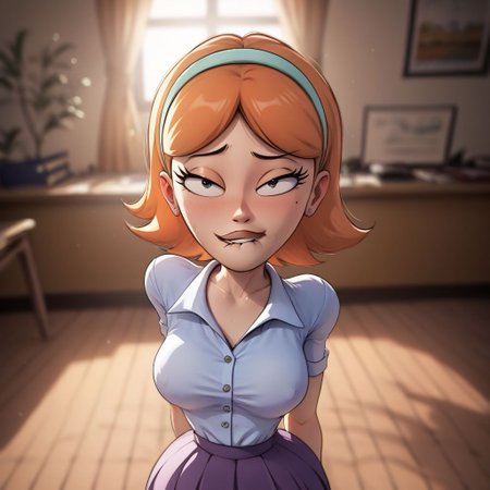 score_9, score_8_up, score_8, masterpiece, best quality, highly detailed, detailed 
face,j3ss1c4,1girl,hairband,short hair wide hips, narrow waist , skirt, shirt, biting lip , looking at viewer, medium shot,  nsfw, OverallDetail.