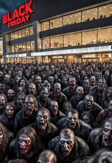 (masterpiece),
a horde of zombies in front of a mall for the Black friday,
dark ambiant, "Black Friday",
ultra realistic, HDR, intricate details,