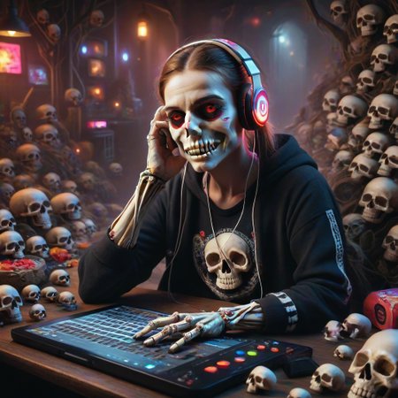 skull candy earbuds, colorful, electronics, slimes_skullwm, made of skulls, product image, marketing image, skeleton, listening to music, headphones