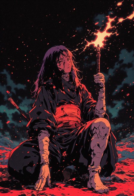 fantasy stylised illustration, anime style, dark scene illuminated only by the torch in hand, cinematic, stunning, full body shot, close up dynamic pose, perfect composition, red glowing particles flying, covered in shadows shinobi in a dark clothes, feudal Japanese background, (kneeling in the dirt, mud, touching the knee with her hand), holding torch in the other hand, midnight, starry skies, baggy clothes moving on the wind, intricate shadows on the clothes, white stripes through the whole body, huge glowing red waist, long cloth gloves, white bandages on hands, look down in disbelief, stature is agile and very graceful, woman, emotional, intense, dark, gritty, heavily stylised, incredible, style of Edwin Austin Abbey, ne0nfant4sy,